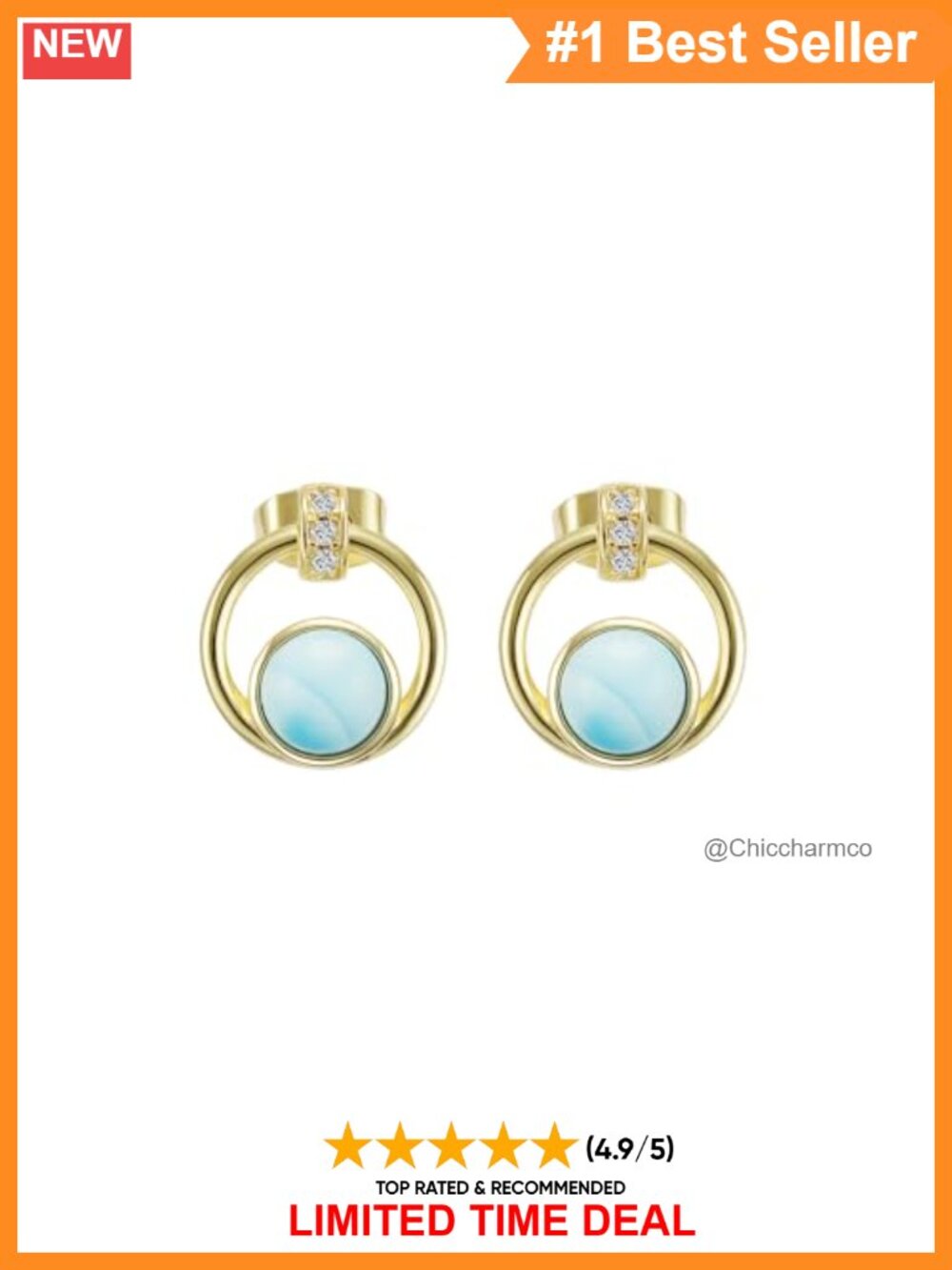 Gold Plated Brass Larimar Stone Stud Earrings Cubic Zirconia Hypoallergenic